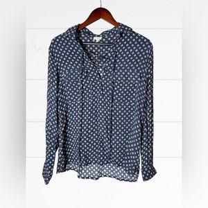 En Creme Navy Blue Floral Long Sleeve Boho Peasant Top Cross Front Women's M